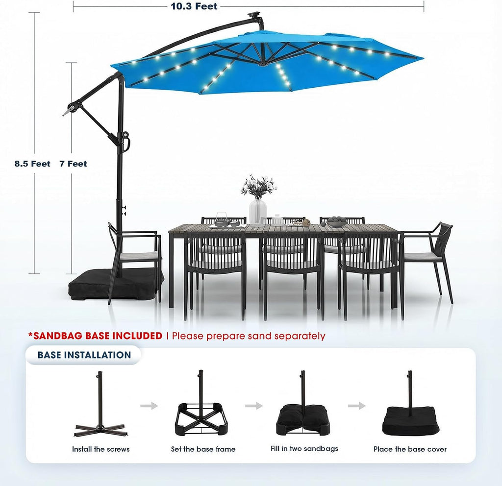 wikiwiki 10ft Solar LED Patio Umbrella with Base Included, Offset Umbrella with Sandbag Base, Cantilever Patio Umbrellas for Backyard, Garden & Deck, 32 LED Lights & Polyester Shade, Royal Blue