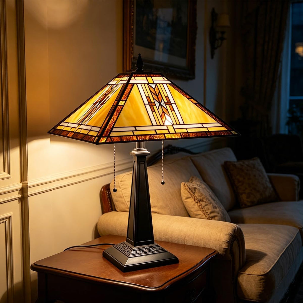Tiffany Table Lamp,Mission Style Stained Glass Table Light,Antique Style 16 inch Large Desk Lamp,2 Lights Vintage Beside Reading Lamp for Living Room Bedroom Office