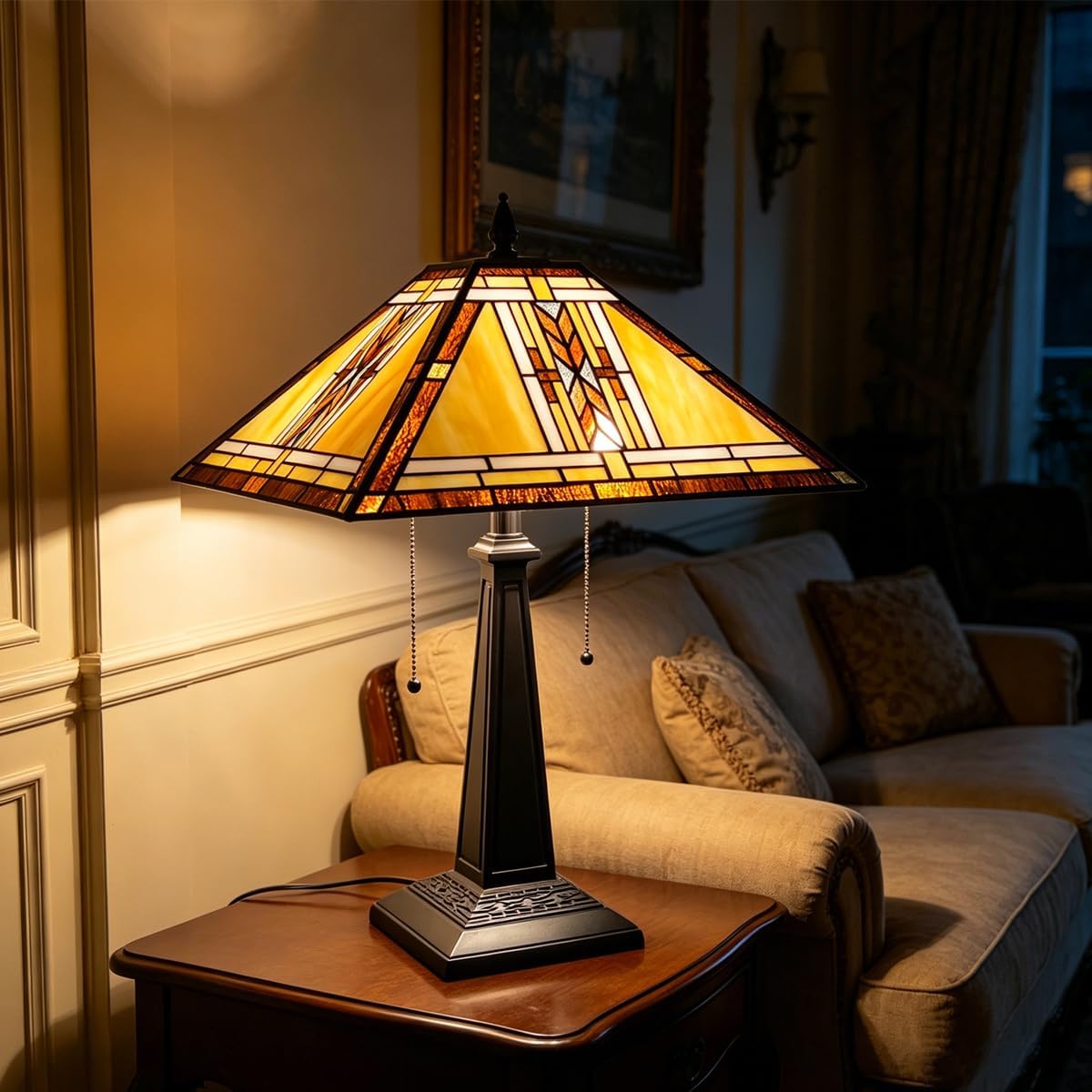 Tiffany Table Lamp,Mission Style Stained Glass Table Light,Antique Style 16 inch Large Desk Lamp,2 Lights Vintage Beside Reading Lamp for Living Room Bedroom Office