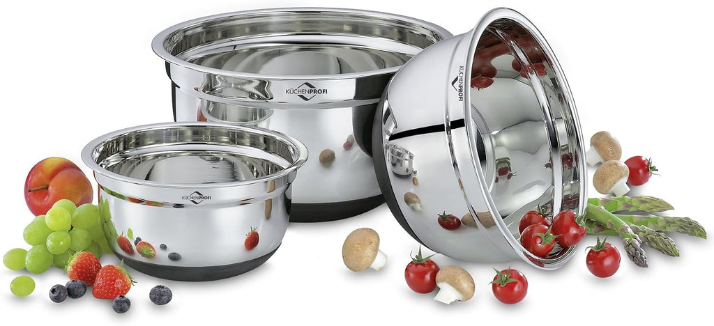 Stainless Steel Non-Slip Mixing Bowls with Silicone Bottom; 3 Piece Set : 1.5 Qt.; 2.75 Qt.; 5 Qt.