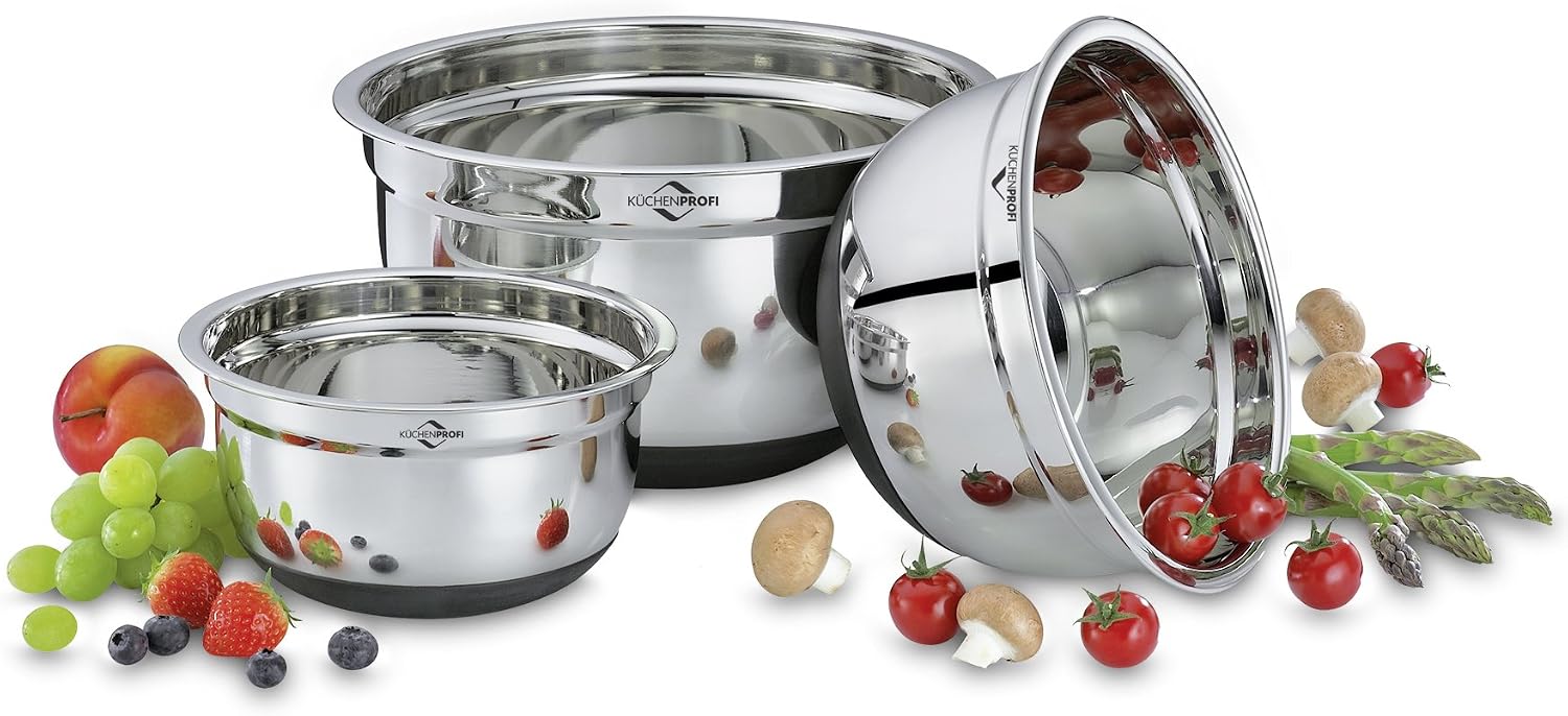 Stainless Steel Non-Slip Mixing Bowls with Silicone Bottom; 3 Piece Set : 1.5 Qt.; 2.75 Qt.; 5 Qt.