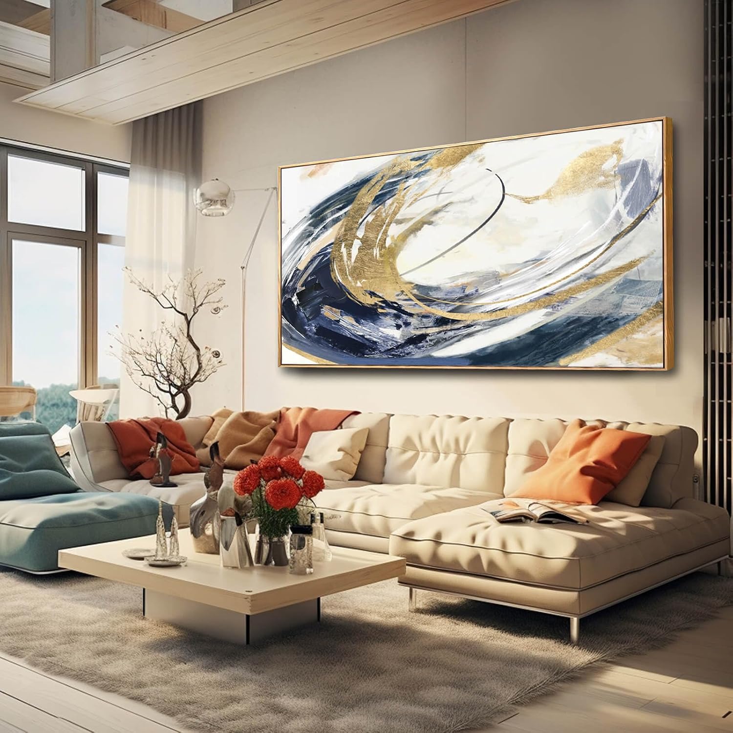 SDYA Large Artwork Abstract Painting 30'x 60'Gold Wall Decor Abstract Wall Art for Living Room Blue Artwork for Bedroom Kitchen Home Wall Decor