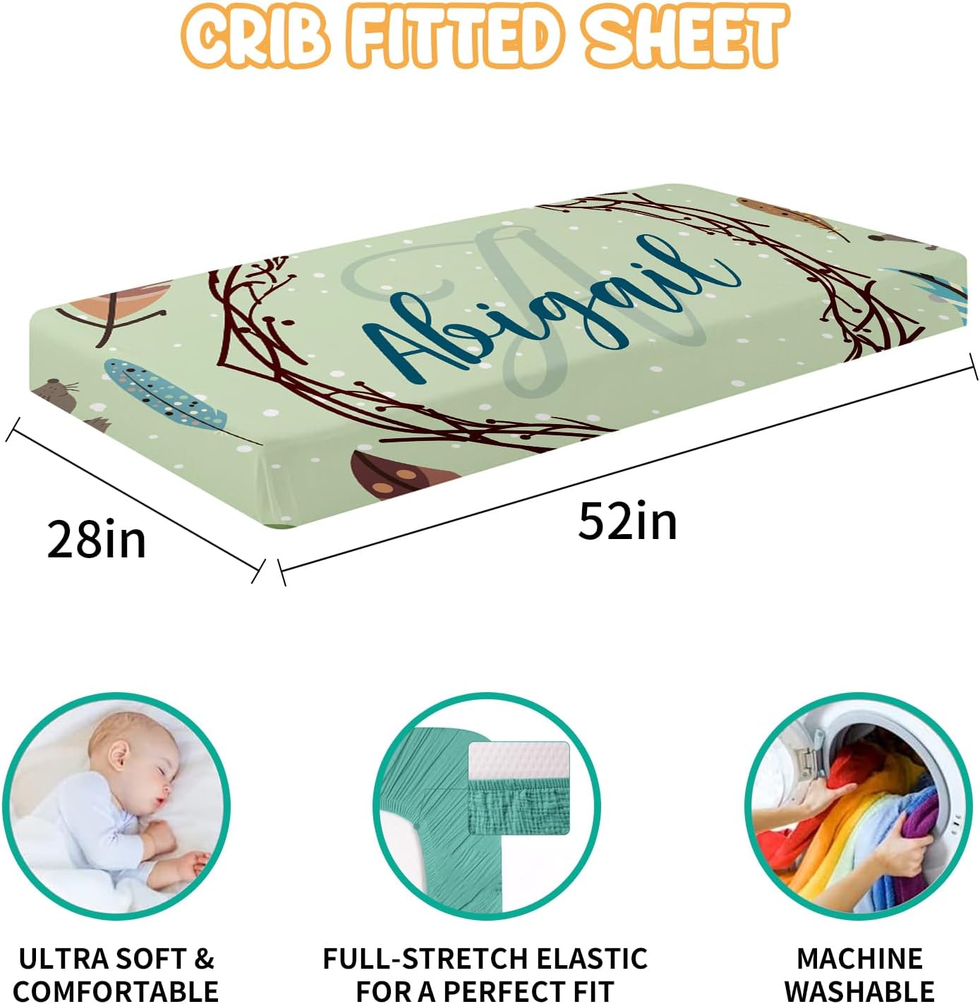Custom Baby Crib Bedding Set - 5 Piece Nursery Crib Set Woodland Animals Design - Personalized Name Blanket with Dotted Backing, Crib Sheet, Changing Pad Cover, Pillow Cover, Rug for Newborns Color03