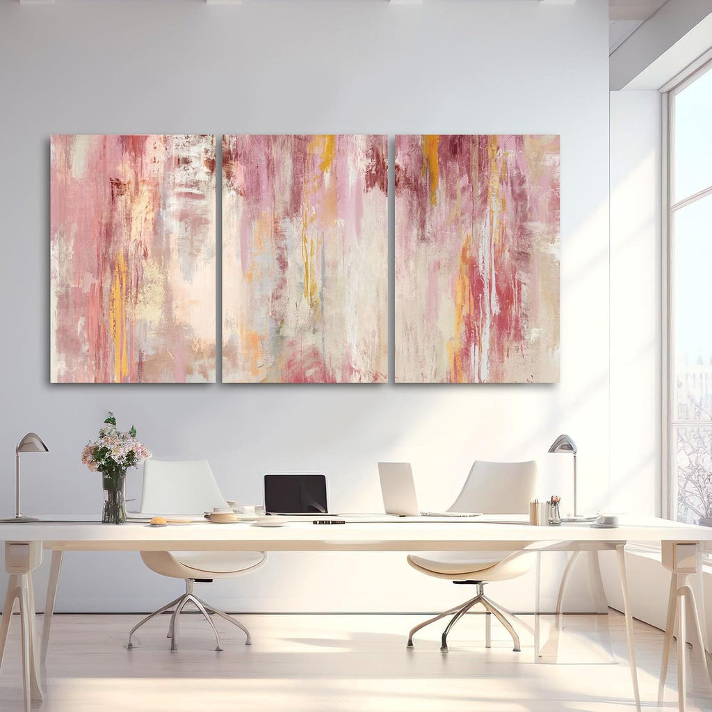 Kureful Large Pink Wall Art Gold Bedroom Decor for Teens Abstract Wall Art for Living Room Canvas Wall Paintings Gold Artwork Pictures for Wall 24'x 36'x 3 Panel