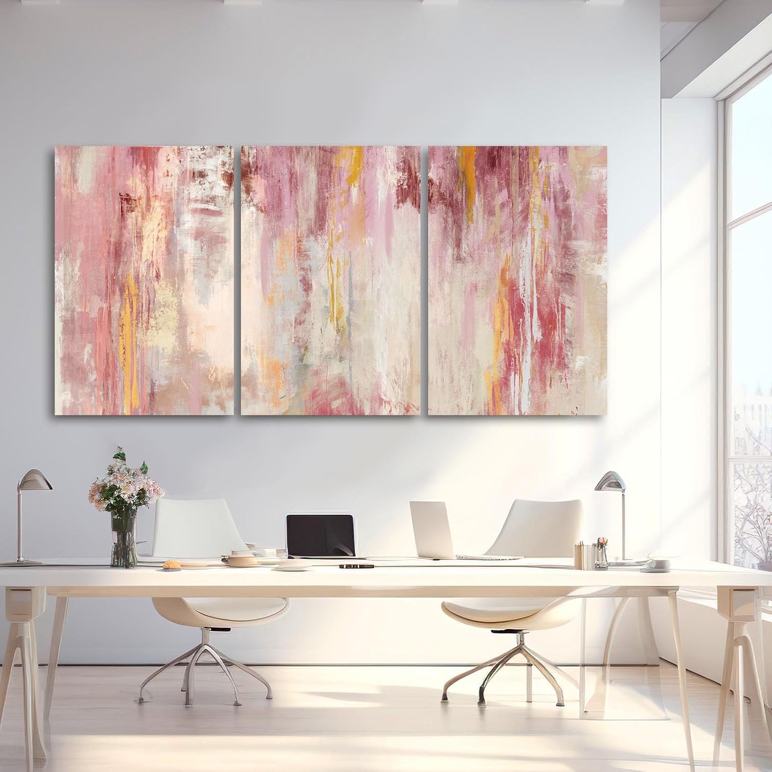 Kureful Large Pink Wall Art Gold Bedroom Decor for Teens Abstract Wall Art for Living Room Canvas Wall Paintings Gold Artwork Pictures for Wall 24'x 36'x 3 Panel