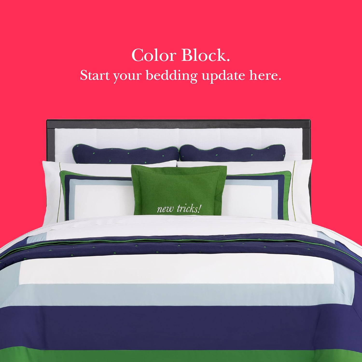 kate spade new york Color Block King Comforter Set, 300 Thread Count and 100% Cotton Cover, All Season 3 Piece Reversible Bedding Set, Machine Washable, Navy, Green and White