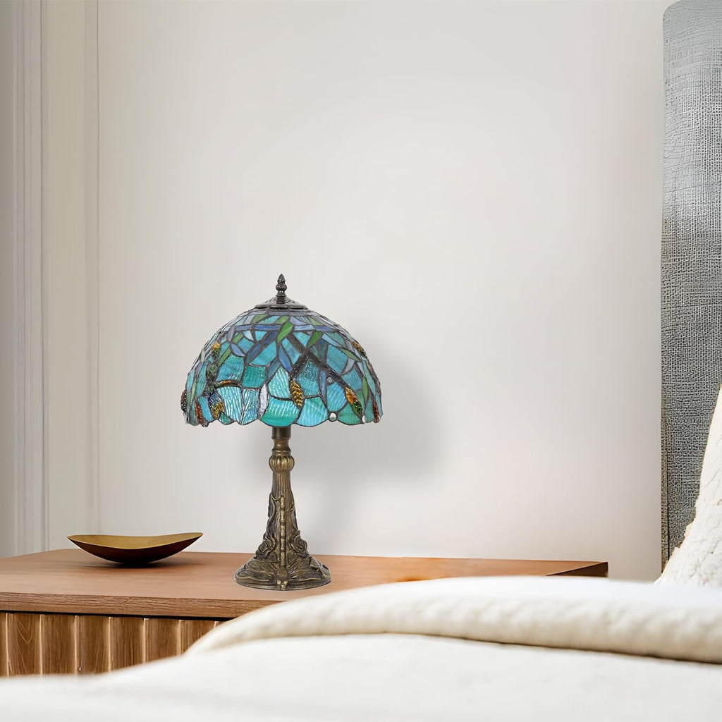 Skyblaze Tiffany Style Table Lamp, Stained Glass Desk Lamp, Vintage Dragonfly Night Light, 11.8 Inch Reading Light with Handmade Lampshade for Bedroom Living Room (Green)