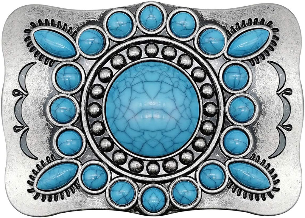 Men's Western Belt Buckle - Vintage Turquoise with Native American & Cowboy Elements
