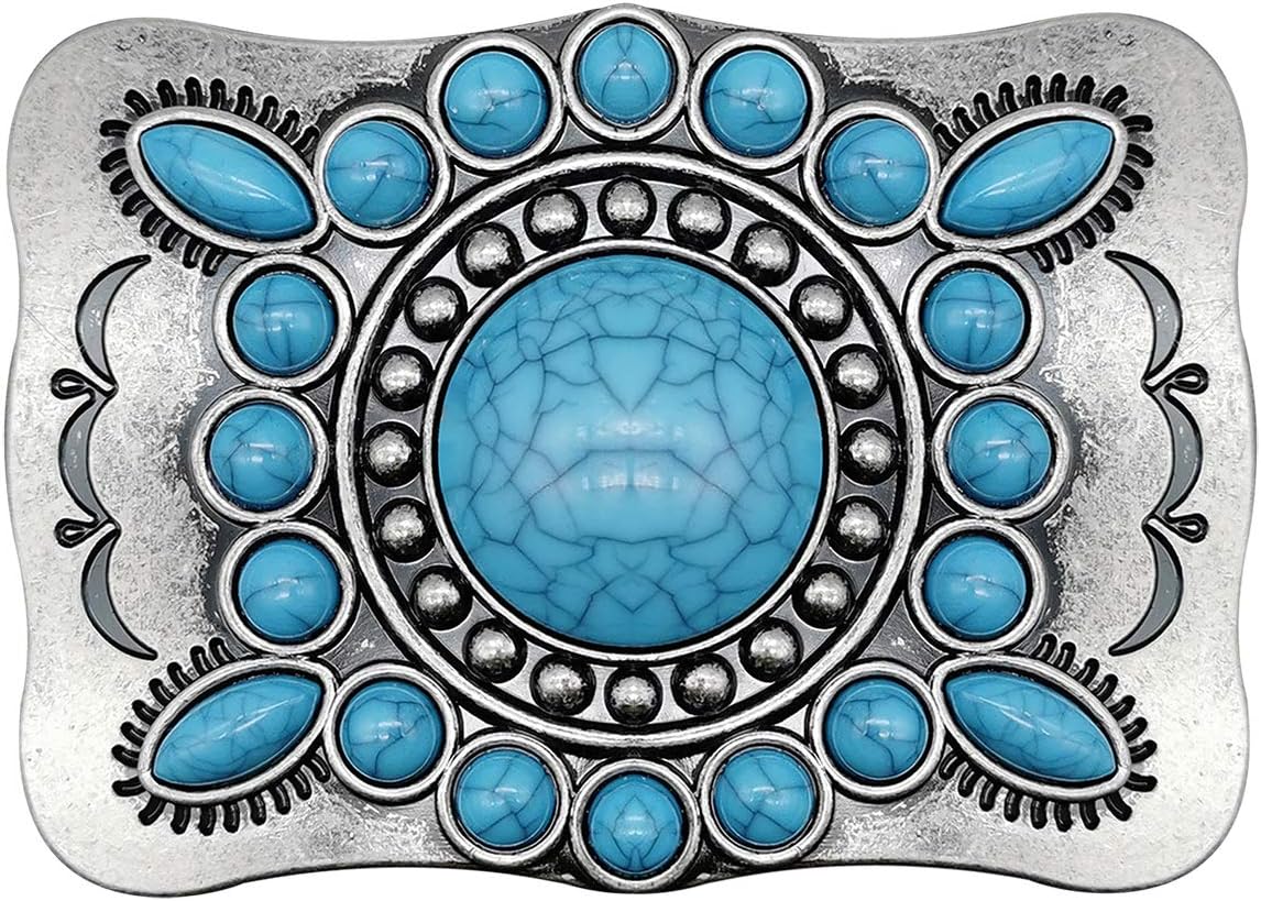 Men's Western Belt Buckle - Vintage Turquoise with Native American & Cowboy Elements