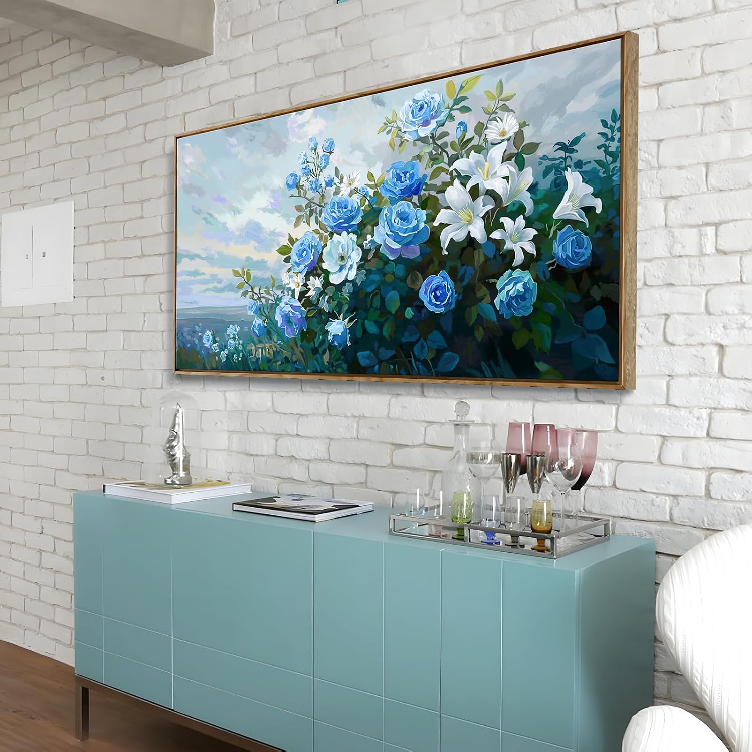 Framed Floral Wall Art for Bedroom Living Room – Blue and White Flowers Canvas Painting with Rustic Wood Frame – Botanical Artwork for Farmhouse & Cottage Décor 48x24 Inch