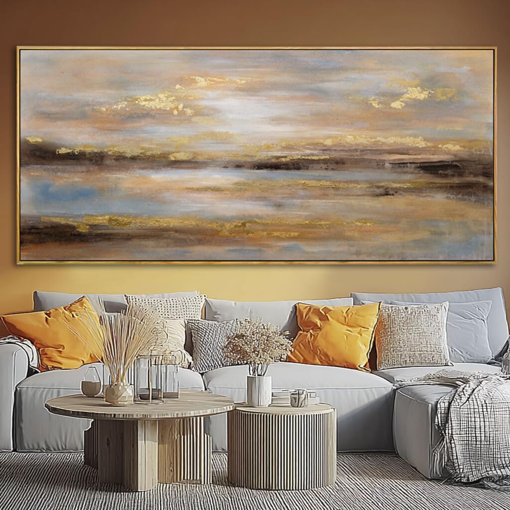 Gold Abstract Wall Decor Modern Artwork for Office Framed Canvas Painting Large Wall Art Bedroom Wall Decor Living Room Print Pictures 32x70 Inch