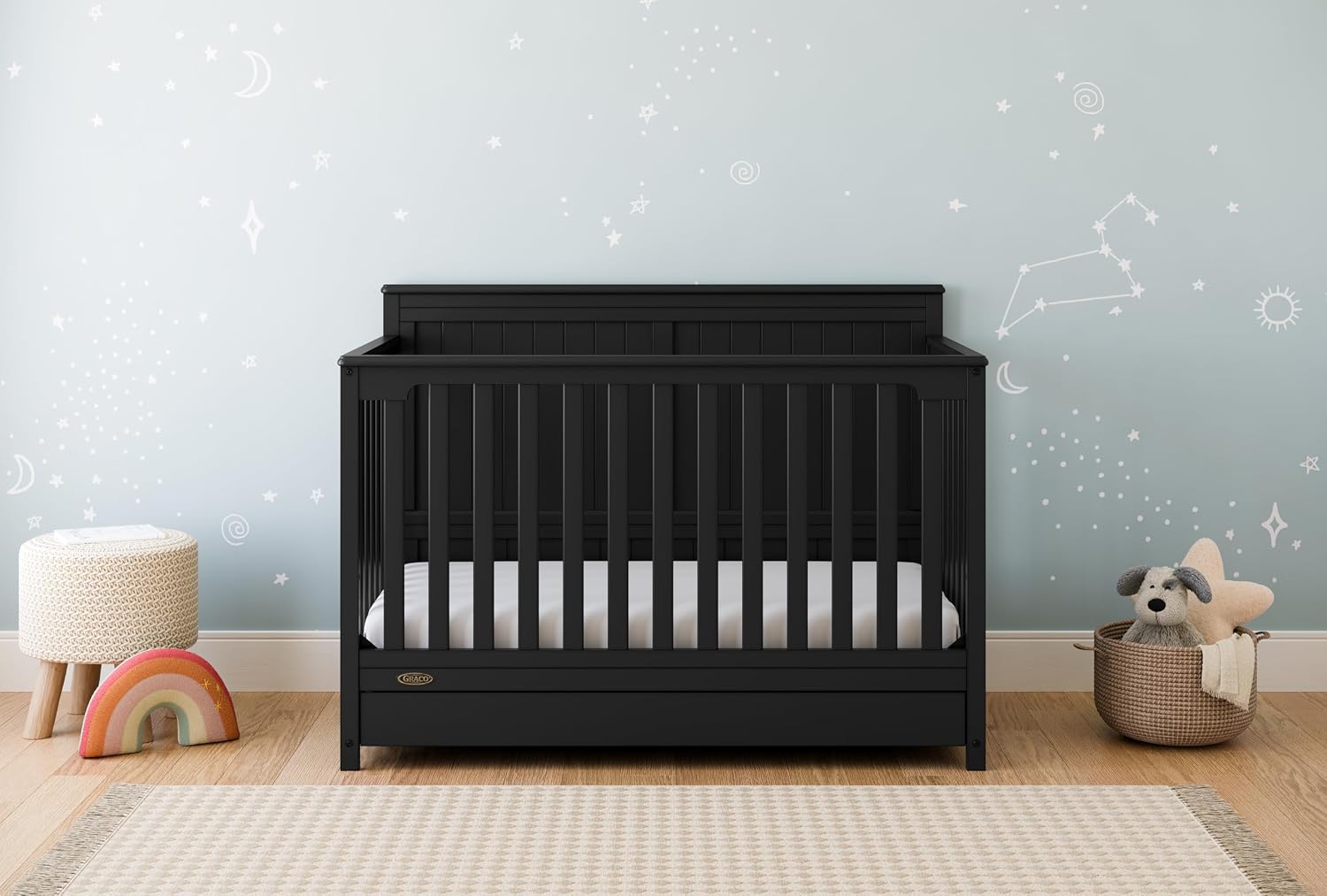 Graco Hadley 5-in-1 Convertible Crib with Drawer – GREENGUARD Gold Certified, Fits Standard Crib Mattress, Converts to Toddler Bed, Daybed and Full Bed, 4 Adjustable Mattress Heights (Black)