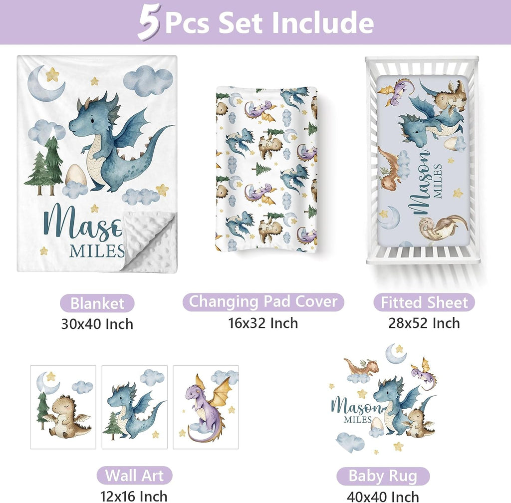 Personalized Baby Crib Bedding Set, 5 Pcs Custom Name Nursery Bedding Set for Girls Boys, Dinosaur Baby Crib Set for Toddlers Infants, Double Layer Bedding Crib Sets Customized Gifts