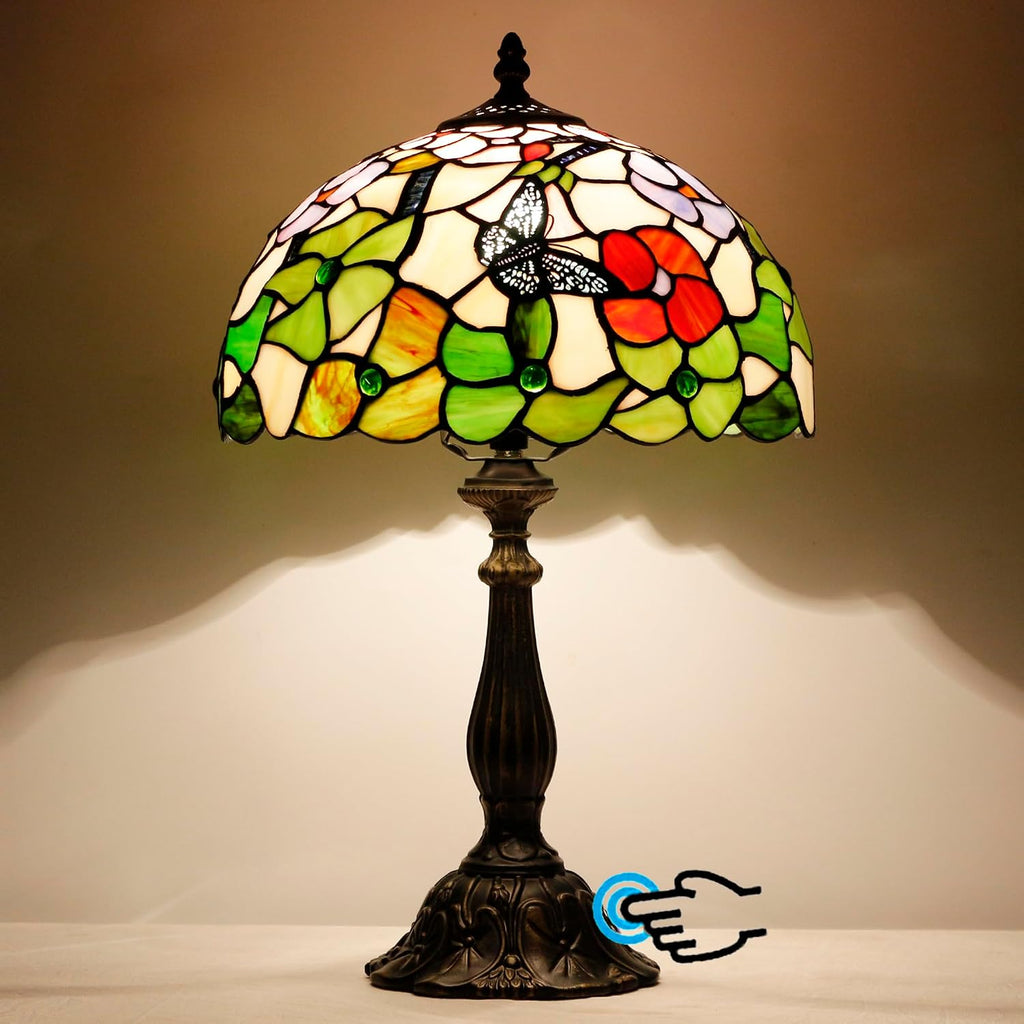 Tiffany Lamp Touch Control Table Lamp Stained Glass Desk Lamp 12X12X19 Inches Butterfly Flower Style Reading Light