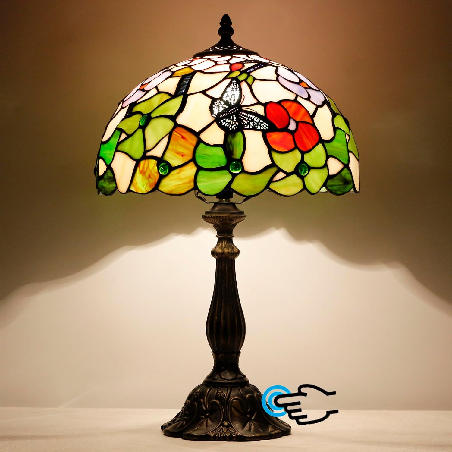 Tiffany Lamp Touch Control Table Lamp Stained Glass Desk Lamp 12X12X19 Inches Butterfly Flower Style Reading Light