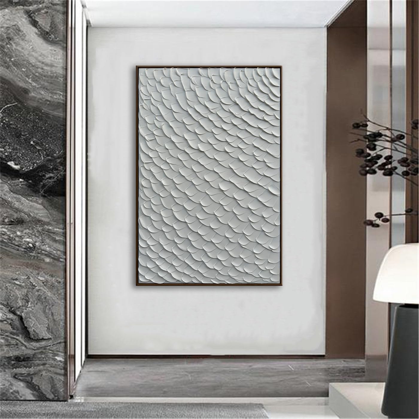 Slyart White Textured Wall Art, Handmade Mermaid Painting Framed Artwork, 3D Vertical Canvas Abstract White Wall Art 24'*36'