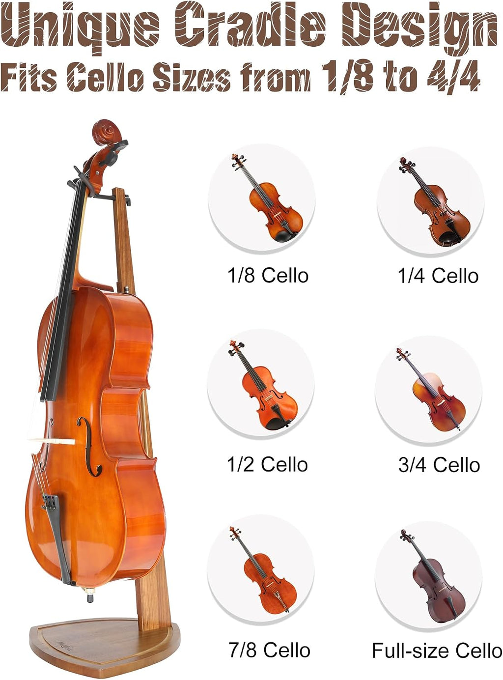 Cello Stand with Bow Holder, Handcrafted Zebra Grain Wood Floor Stand for 4/4 Full-Size and 1/2, 1/4, 3/4, 1/8, 7/8 Cello Home and Studio Display