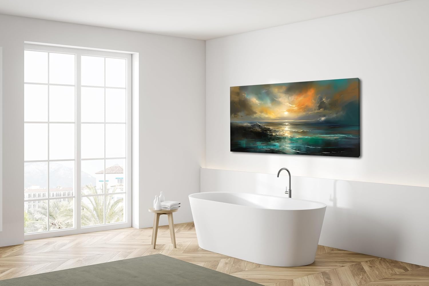 Lasdel Ocean Sunset Landscape Canvas Wall Art for Living Room Bedroom Home Decoration, Beautiful Nature Scenery Oil Painting Print Picture Decor Artwork, Gallery Wrapped Gift Inner Frame 28x58 Inches