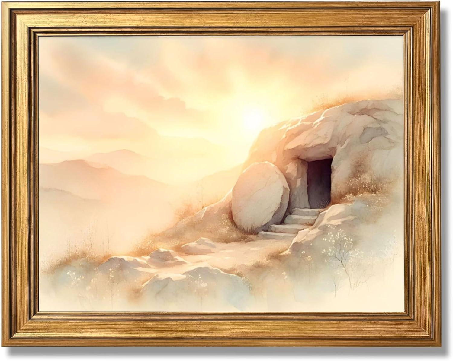 Framed Empty Tomb Easter Morning Painting Wall Art He Is Risen Canvas Print Watercolor Christian Jesus Resurrection Poster Easter Picture Bible Verse Scripture Decor for Church Prayer Room 24x36inch