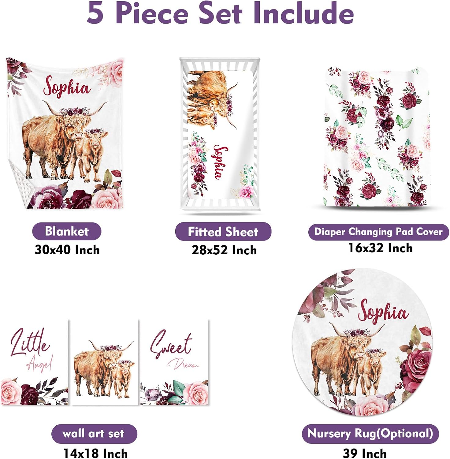 TOOTANN Custom Baby Crib Bedding Set, 5 Pcs Personalized Name Baby Crib Sheets for Kid Toddler Infant, Highland Cow Mother and Calf Nursery Bedding Set