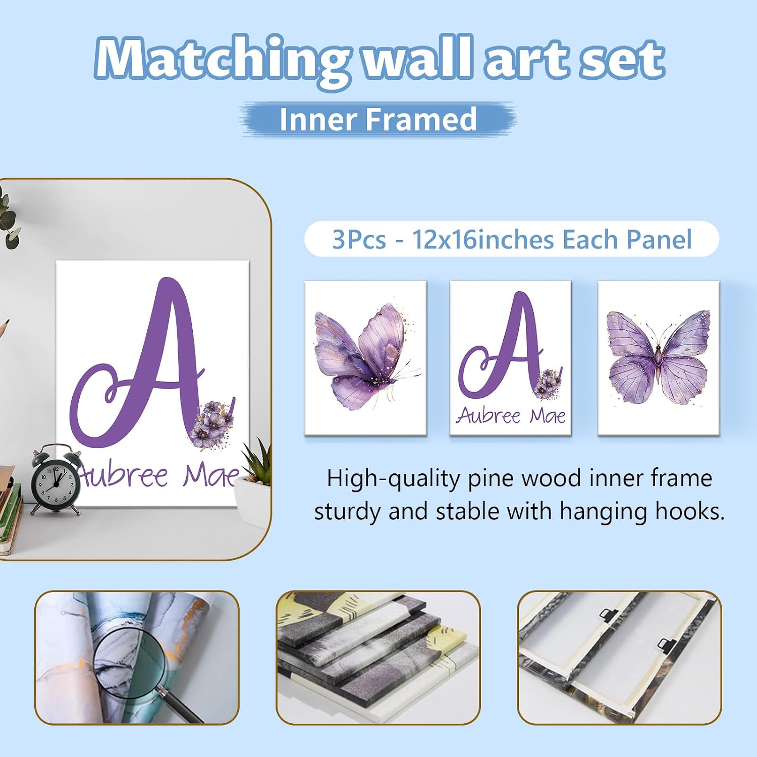 KAINSY Custom Crib Bedding Set 5 Pcs for Baby Girls – Personalized Purple Butterfly Theme, Newborn Sleep Set, Nursery Decor, Toddler Room Essentials, Infant Sleep, Baby Room Accessories, Baby Gift