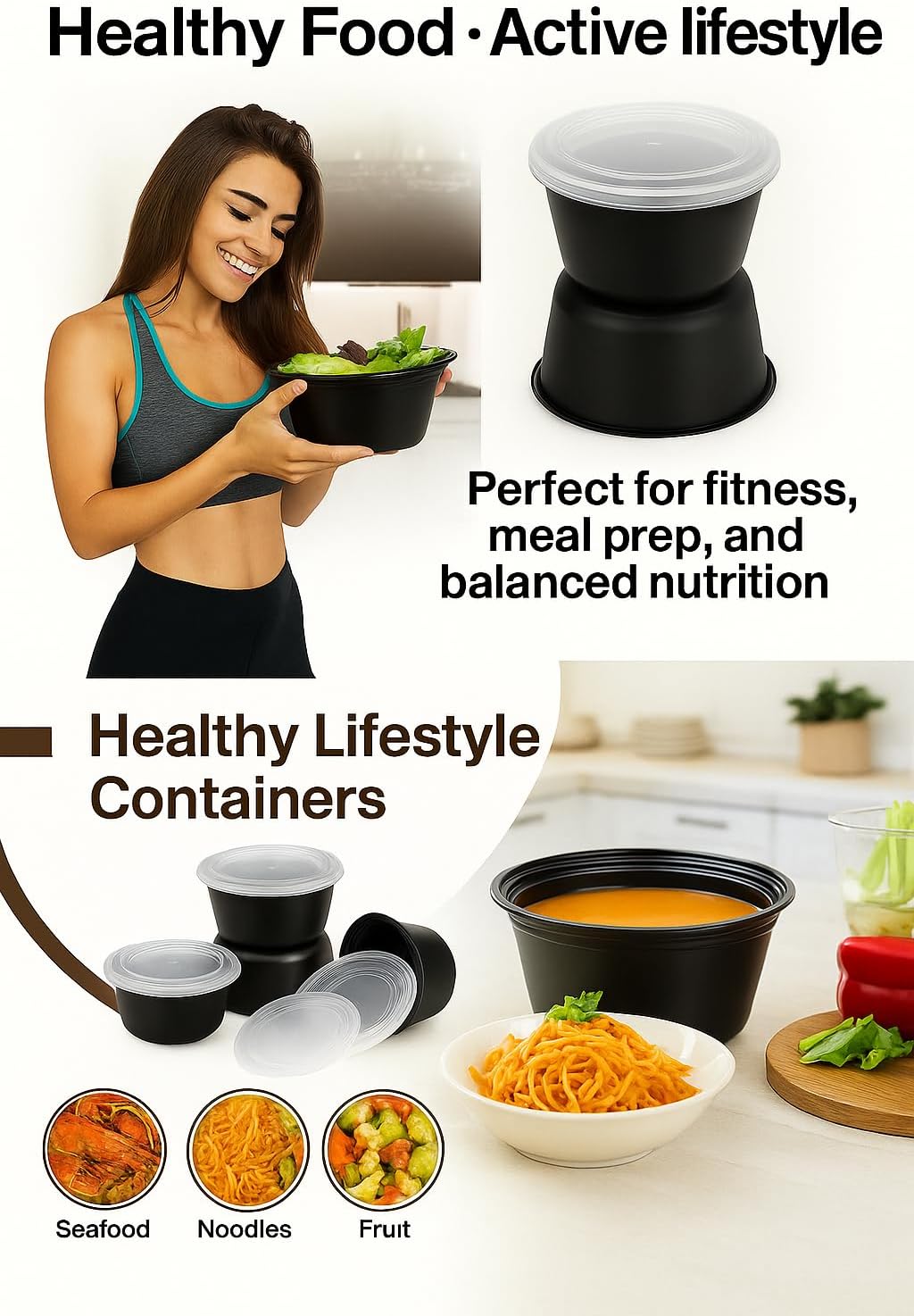 50 oz Disposable Bowls with Lids – Double Layer Soup & Food Containers for Takeout, Salad & Healthy Meal Prep, Microwave & Freezer Safe(150set)