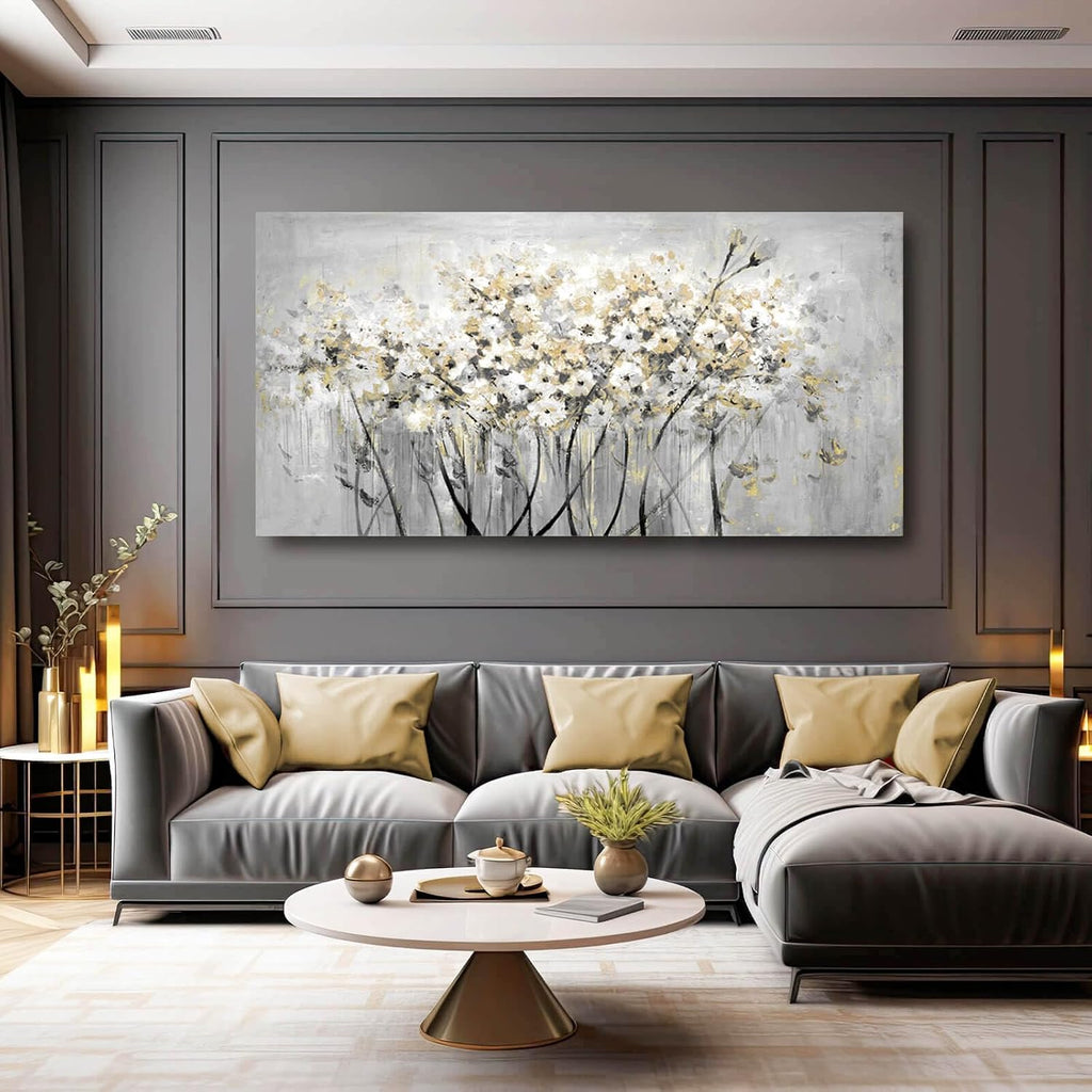 Flowers Canvas Wall Art White Paintings Grey Gold Contemporary Artwork Master Bedroom Wall Decor 29'x 58' Large Framed Art for Living Room Office Home Decor