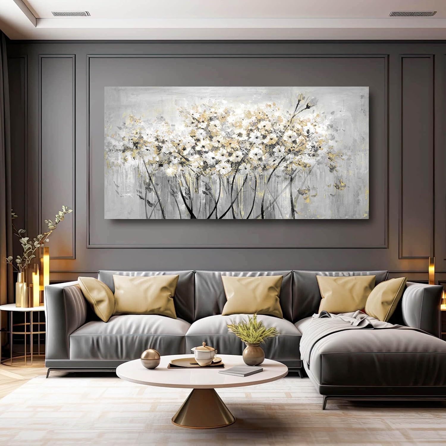 Flowers Canvas Wall Art White Paintings Grey Gold Contemporary Artwork Master Bedroom Wall Decor 29'x 58' Large Framed Art for Living Room Office Home Decor