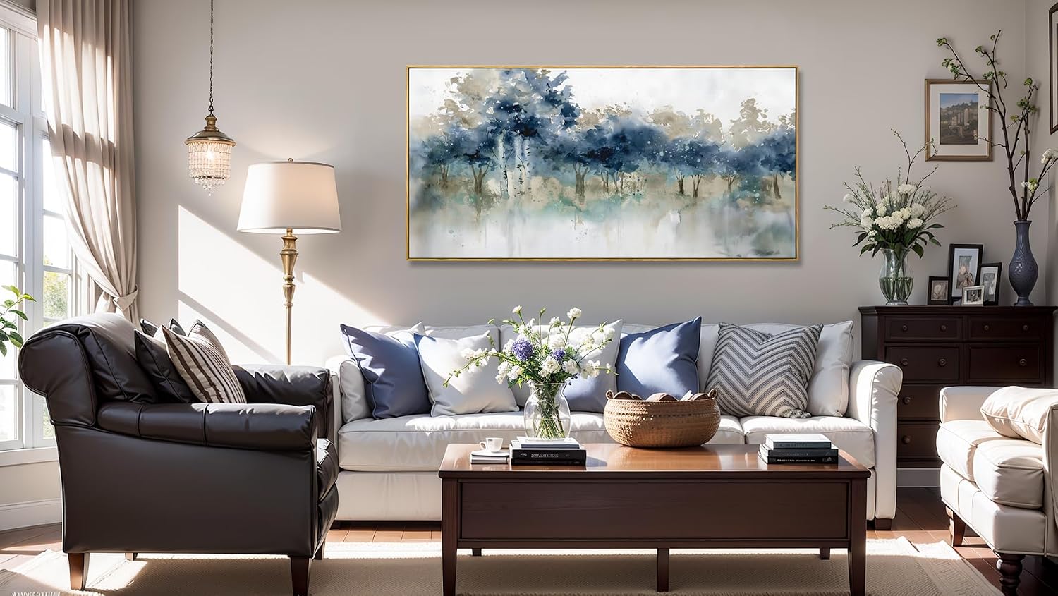 Wall Art Landscape Modern Wall Decor Canvas Painting Blue Ink Wall Art Large Artwork for Living Room Bedroom Office Home Decor 30'x60' with Framed