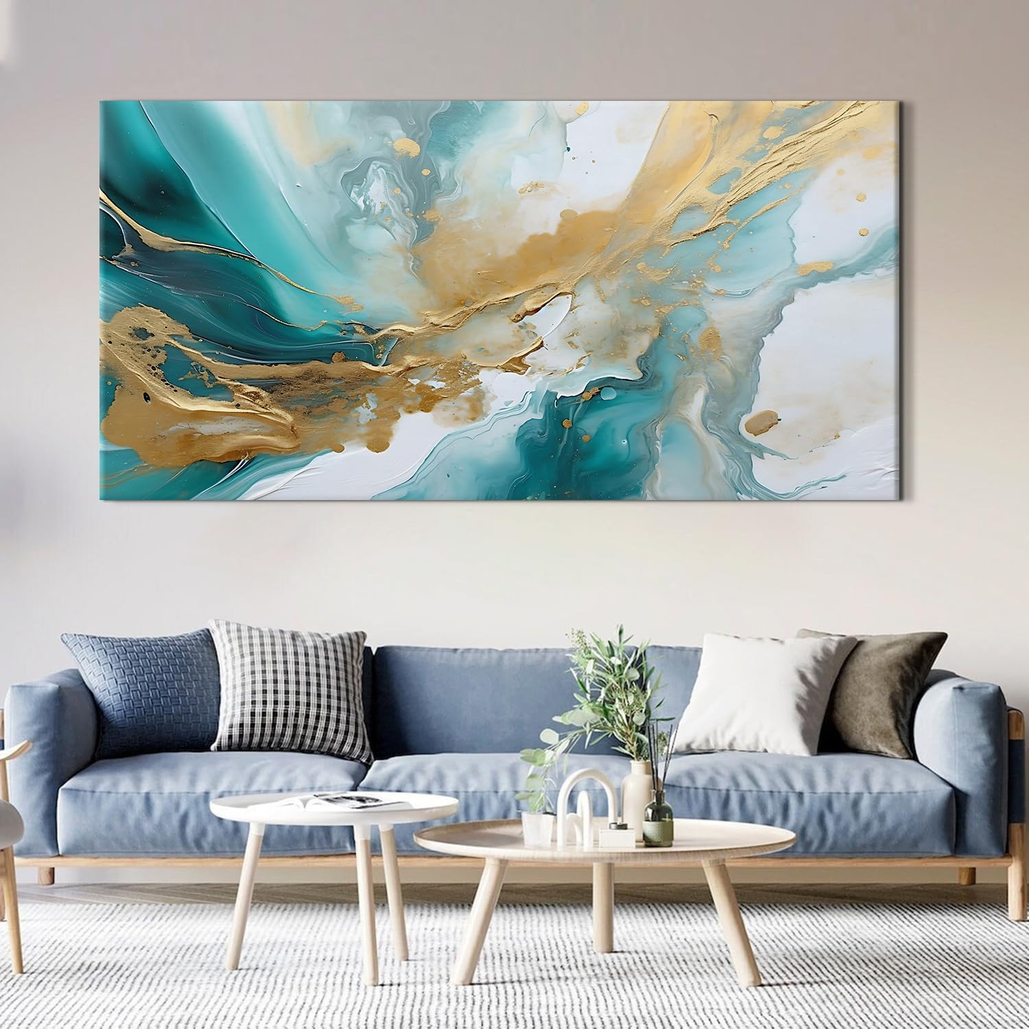 Extra Large Teal Abstract Wall Art Turquoise Wall Decor Living Room Wall Decor Modern Office Decor Marble Painting Teal and Gold Fluid Texture Prints Poster Artwork for Bedroom Decorations 35x70'