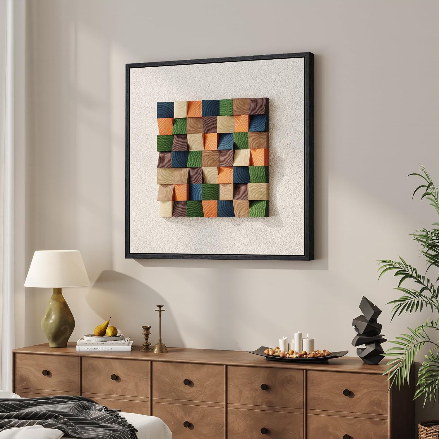 Framed 3D Textured Wood Abstract Wall Art for Living Room, Boho Colorful Geometric Beige Painting Artwork for Walls, Modern Minimalist Wall Decor, Hallway, Bedroom, Kitchen, Office，24 x 24 Inch