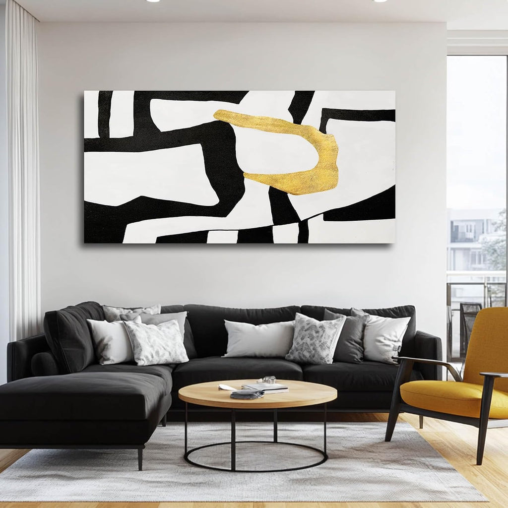NBAODAN Minimalist Art Painting Gold Picture Wall Decor Large Abstract Wall Art for Bedroom Black Wall Decor for Living Room 29'x58' Framed Canvas Art