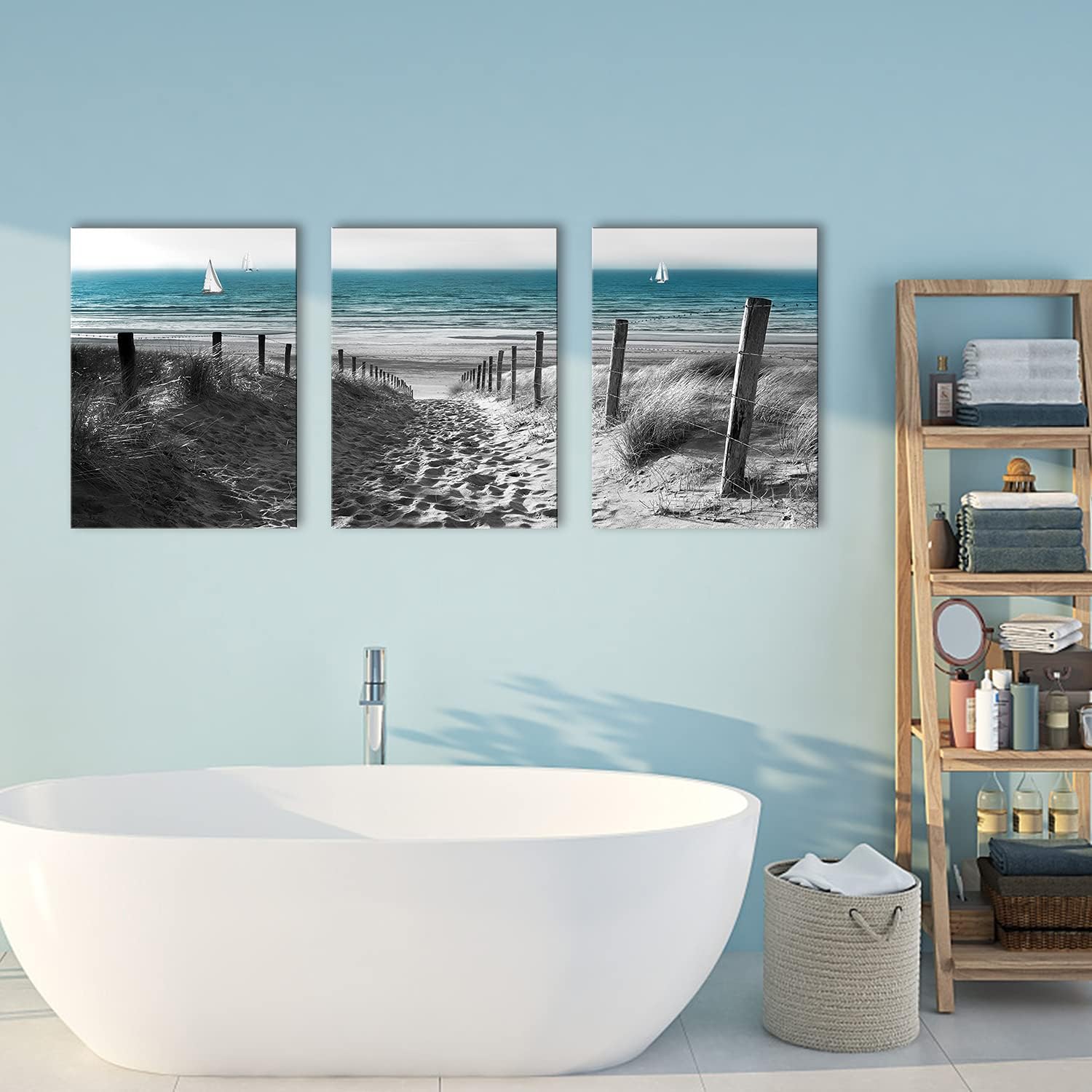 Beach Coastal Wall Art Blue Ocean Landscape Wall Decor for Living Room Bathroom Black and White Scenery Canvas Prints Pictures Seascape Sand Dune Paintings Artwork Office Home Decorations 16x24' 3 Pcs