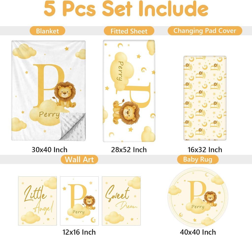 Terwex 5 Piece Customized Crib Bedding Set for Boys & Girl- Custom Name Baby Crib Yellow Lion Nursery Bedding Set with Fitted Sheet, Soft Blanket, Rug, Personalized Gifts for Newborn Infant Toddler