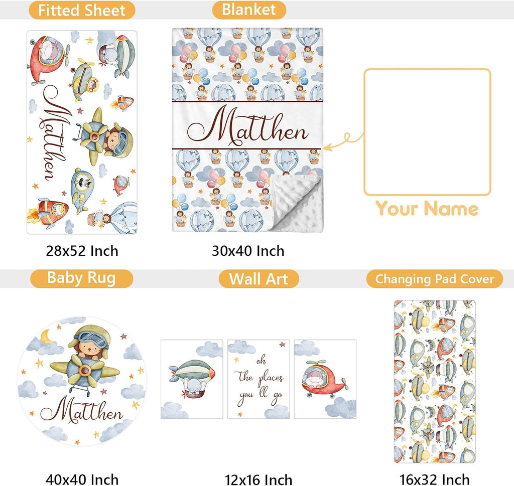 Terwex Personalized Crib Bedding Set, 5 Pcs Custom Name Nursery Bedding Set with Double Layer Flannel Blanket, Pilot Animals Baby Crib Set for Boys Girls, Customized Gifts for Toddlers Infants Babies