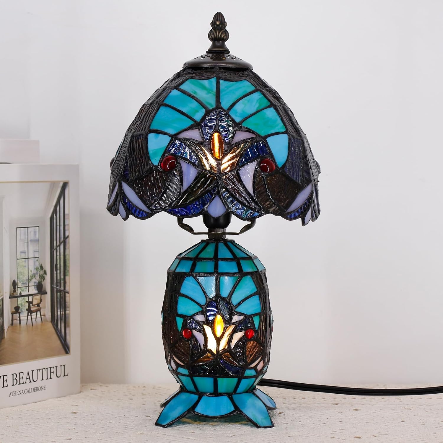 Small Tiffany Lamp Stained Glass Table Lamp Mini Mother Daughter Vase Desk Accent Light for Bedroom Bedside Reading Home Antique Style Decor 8X14 Inches (Green)