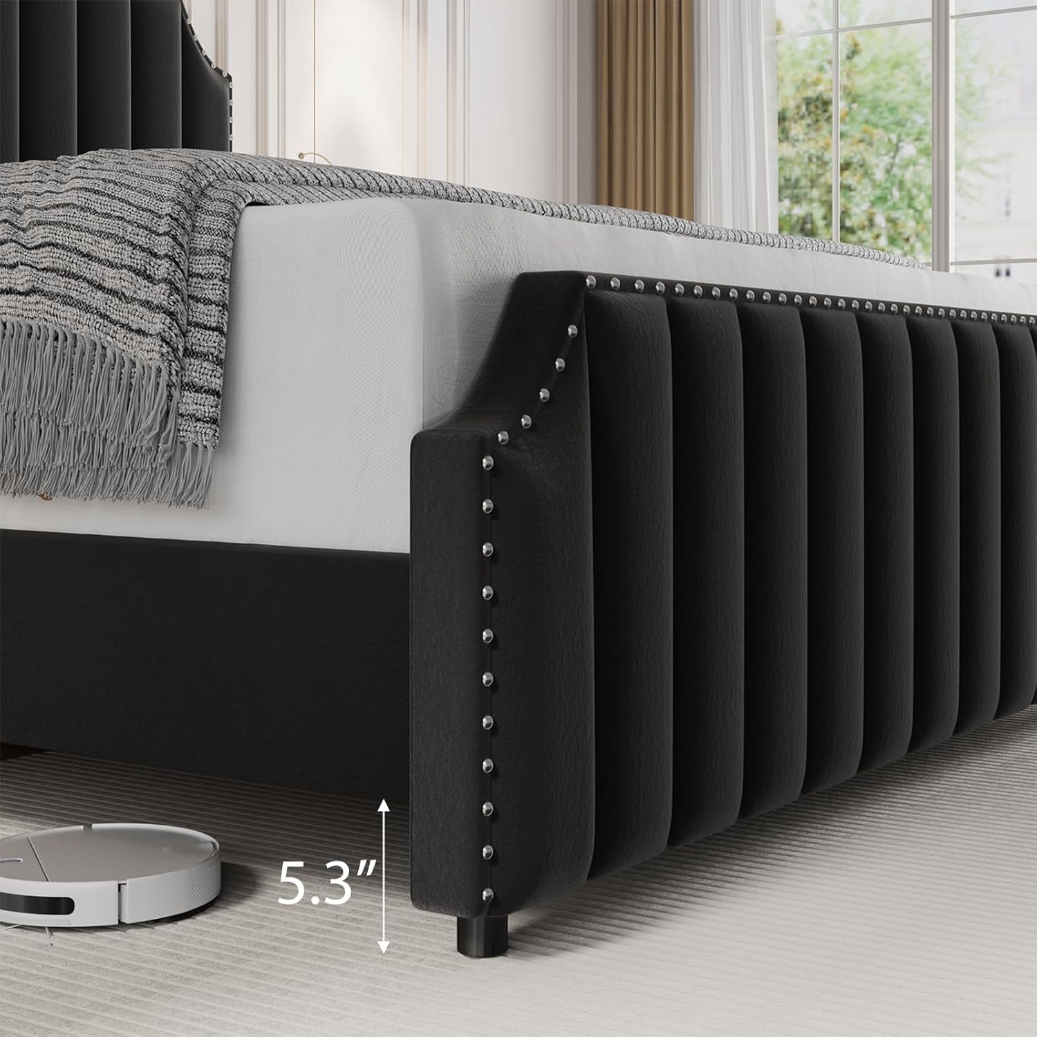 Queen Size Bed Frame, Platform Bed Frame with Velvet Upholstered 50.2'' Headboard, Rivet Decoration, Strong Wooden Slats, No Box Spring Needed, Easy Assembly, Black