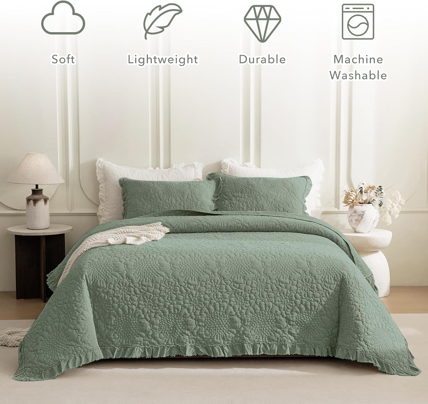QSH 3PCs Green Oversized King Quilt Bedspread Set(120'x120'),Stonewashed Cotton Ruffled Quilt California King,Ultra Soft Lightweight Crinkled Shabby Bedspread Coverlet Bed Set for All Seasons