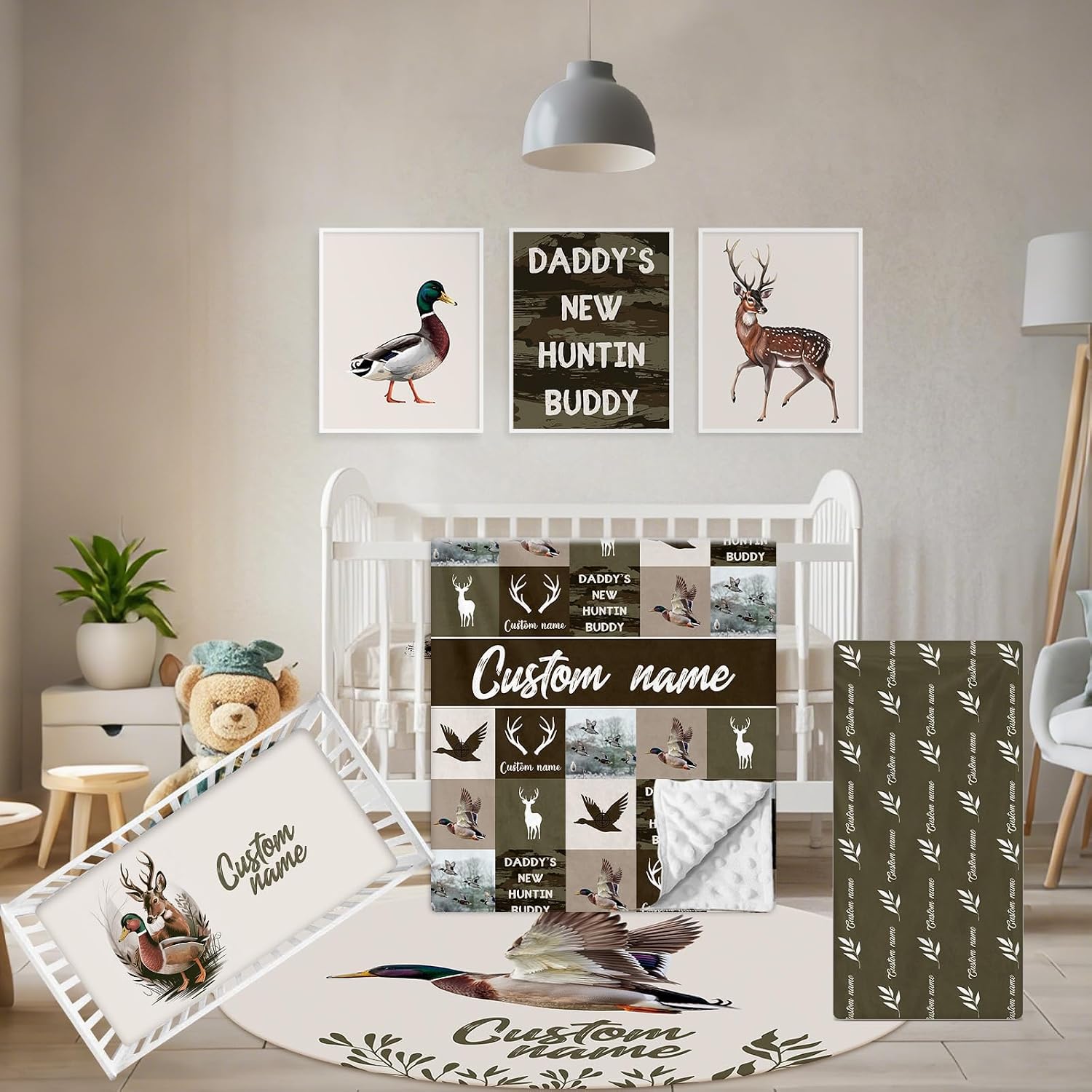 Terwex Personalized Crib Bedding Set, 5 Pcs Custom Name Nursery Bedding Set with Double Layer Blanket, Green Woodland Deer Baby Crib Set for Boys Girls, Customized Gifts for Toddlers Infants Babies