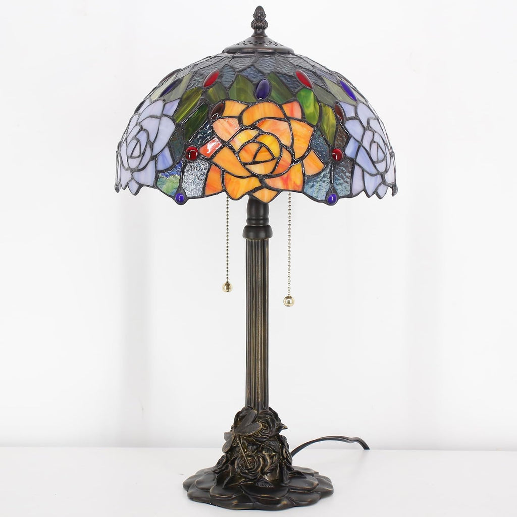 Tiffany Table Lamp Stained Glass Desk Lamp 12X12X21Inch Resin Base for Bedroom Living Room Reading Light (Purple Orange Rose Flower)