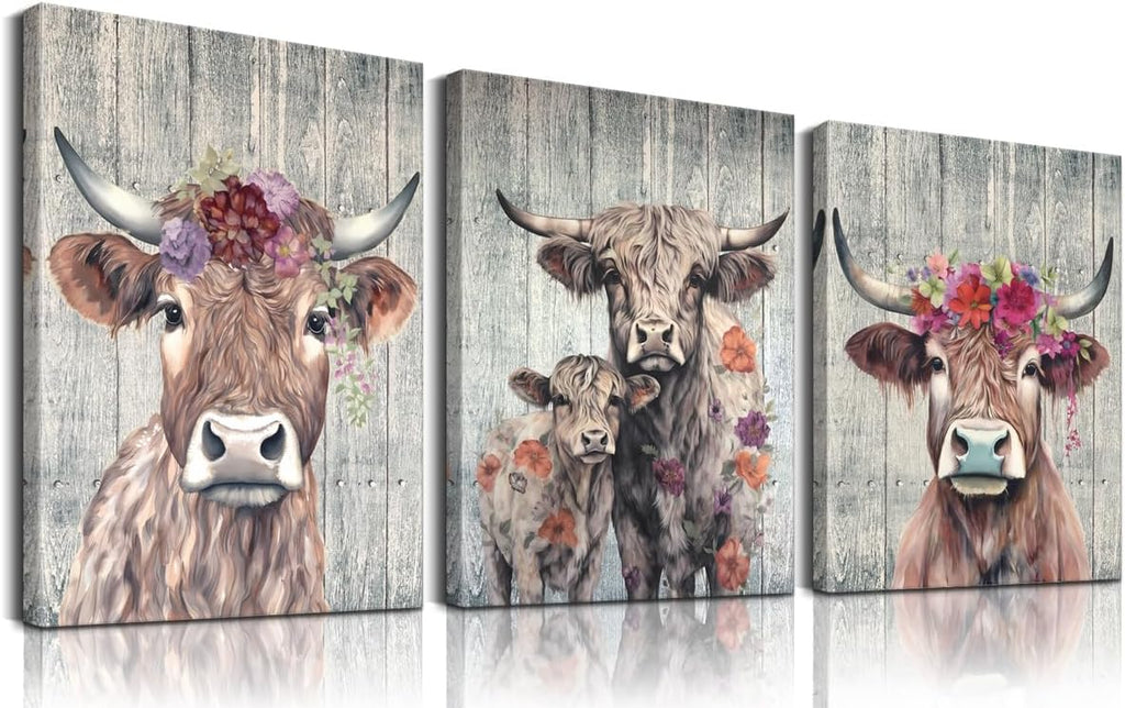 Cow Pictures Canvas Wall Art with Built-in Wooden Frame - Farmhouse Highland Cow Wall Decor & Rustic Animals Paintings Posters for Home Decoration - Lightweight & Easy Hanging, 24x36x3 Inches