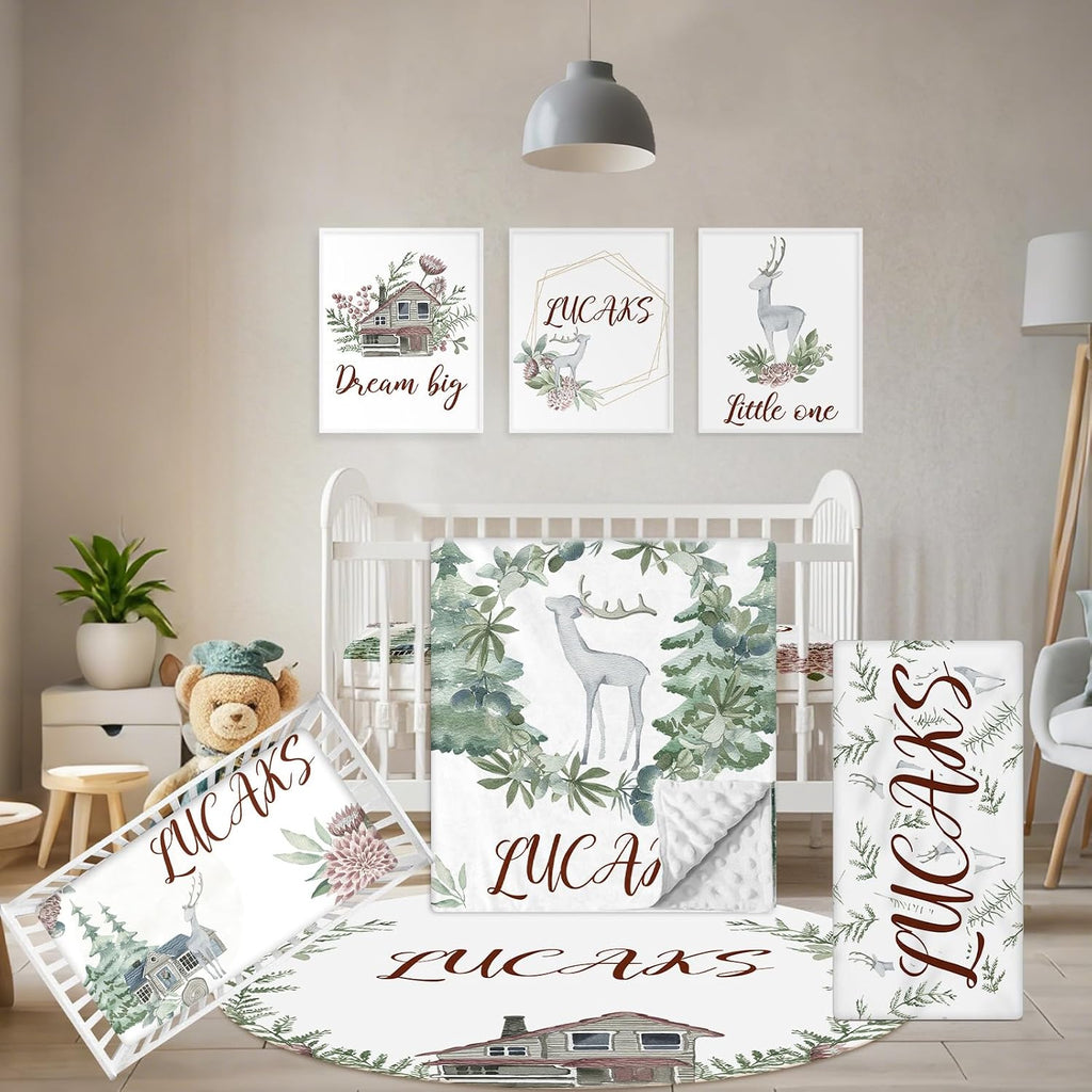 Terwex Personalized Baby Bedding Set - 5 Pcs Custom Toddlers Bedding Set with Infant Name - Soft Double Layer Nursery Crib Set for Girls Boys - Customized Infant Gifts for Baby Shower - Forest Deer