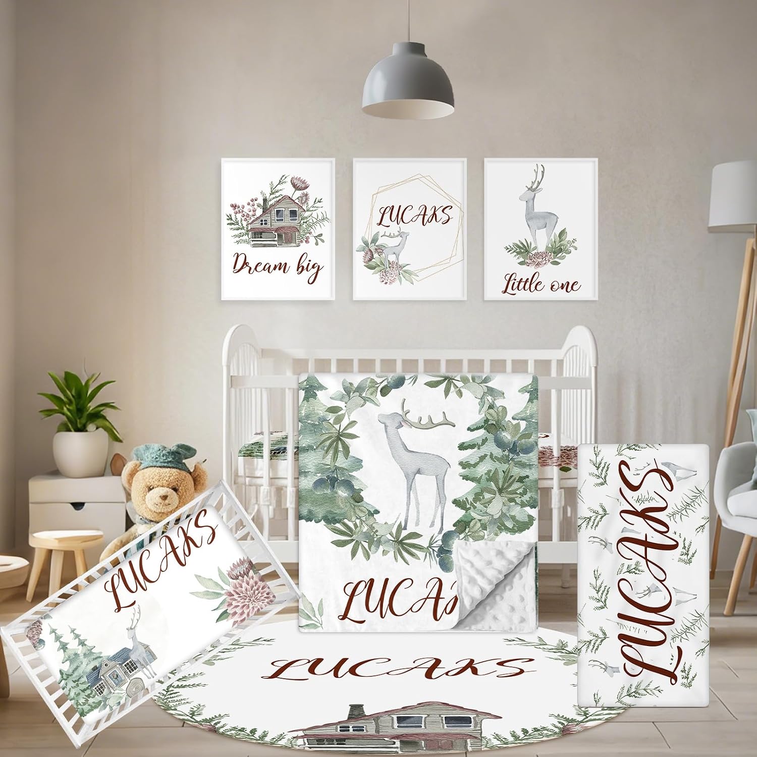 Terwex Personalized Baby Bedding Set - 5 Pcs Custom Toddlers Bedding Set with Infant Name - Soft Double Layer Nursery Crib Set for Girls Boys - Customized Infant Gifts for Baby Shower - Forest Deer