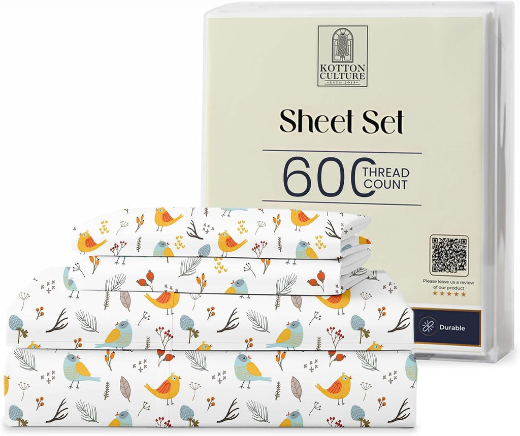 Kotton Culture Bed Sheets 4 Piece 100% Egyptian Cotton 600 Thread Count Soft Crisp Cooling Cotton Luxury Hotel Sheets Thick with 16' Inch Deep Pocket Snug Fit Sateen Weave(Forest Birds,Alaskan King)