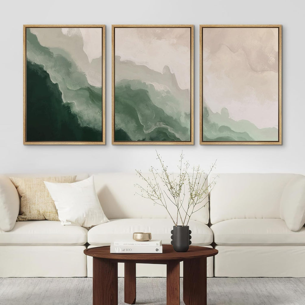 SIGNFORD Framed Canvas Print Wall Art Set Abstract Green Waves Illustration Modern Art Decorative Nordic Minimal Zen for Living Room, Bedroom, Office - 24'x36'x3 Natural