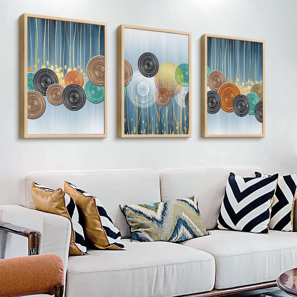 Natural Wood Framed Art Set - Boho & Abstract Styles, Perfect for Living Room, Bedroom, Office - 3 Large Size Prints