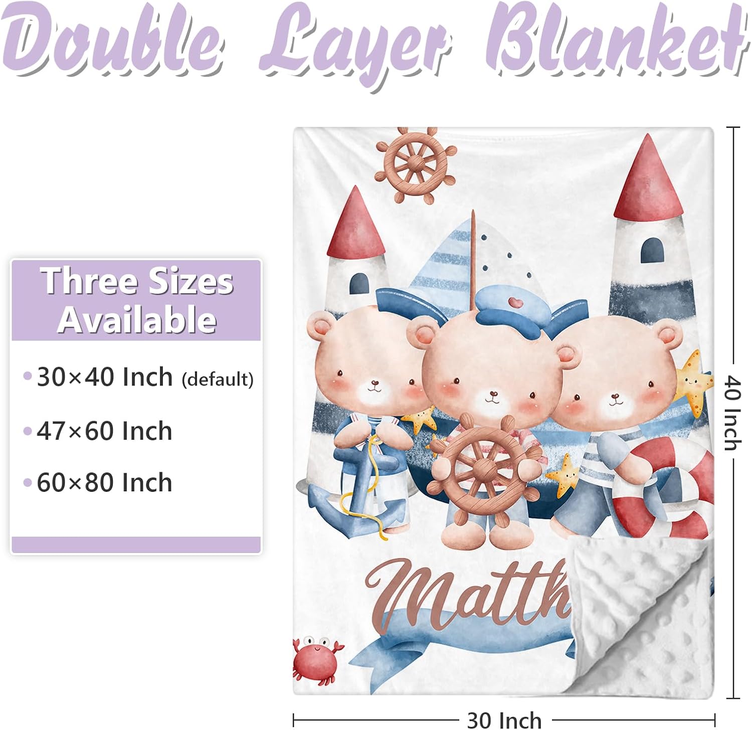 Custom Baby Crib Bedding Set, 5 PCS Personalized Name Baby Crib Sets for Girls Boys, Sailor Bear Theme Nursery Bedding Sets for Infant Toddler, Double Layer Flannel Bed Set Customized Gifts