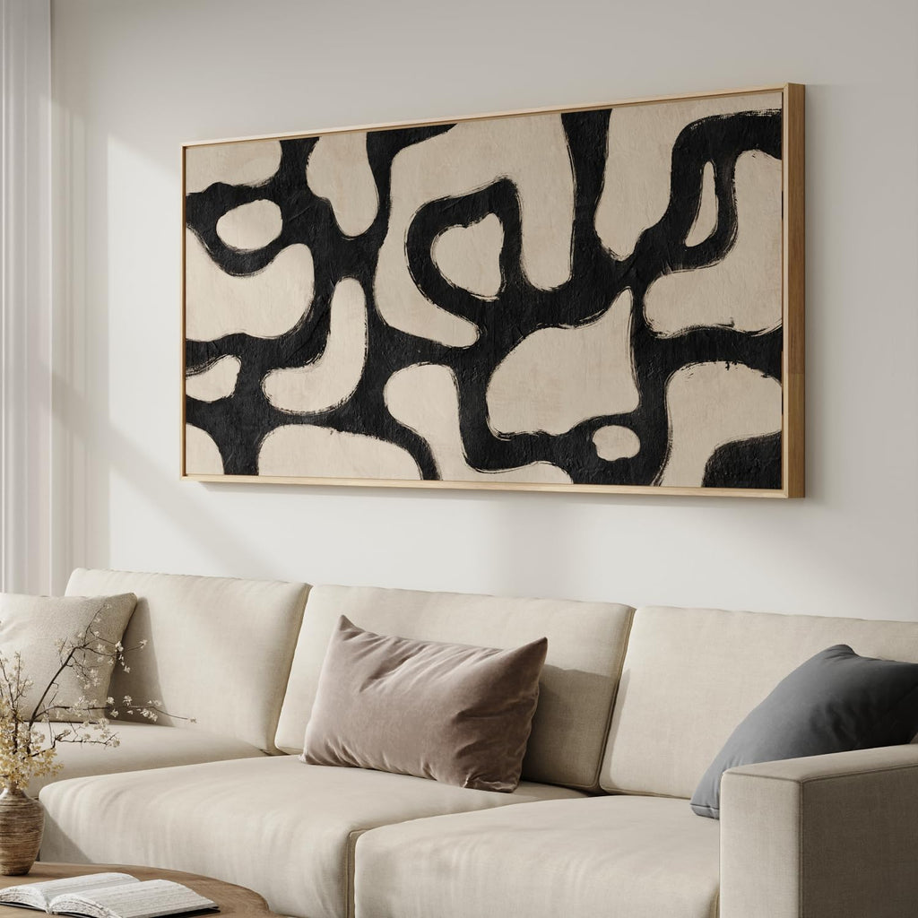 Framed Extra Large Abstract Wall Art for Living Room, Neutral Black and Beige Modern Painting Print, Mid Century Minimalist Horizontal Canvas Artwork for Dining Room Bedroom Hallway Office Wall Decor