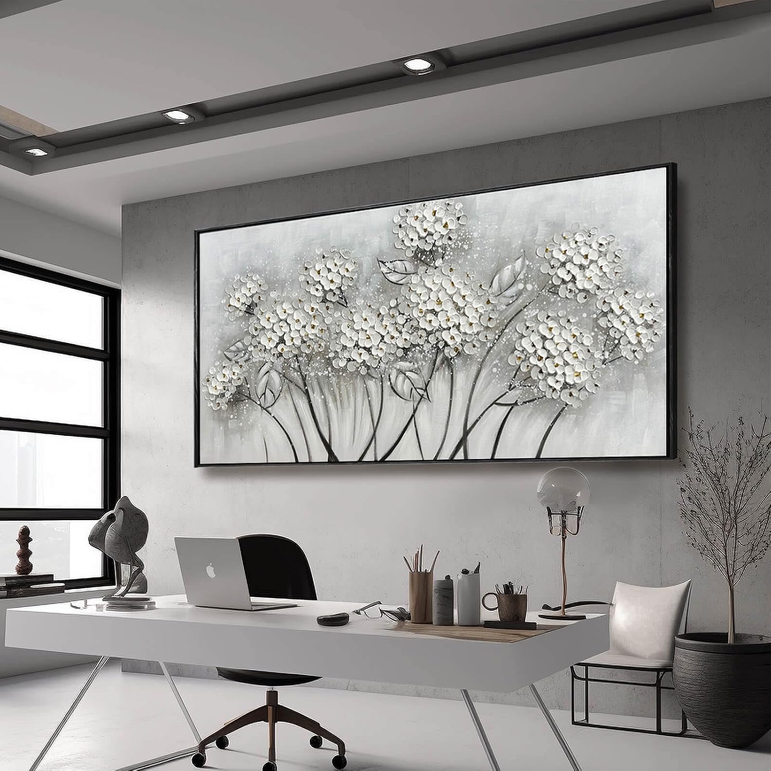 Kureful Large Artwork Flowers Oil Painting Modern Home Decorations Floral Canvas Pictures for Living Room Bedroom Kitchen Office 29' x 58' (White)