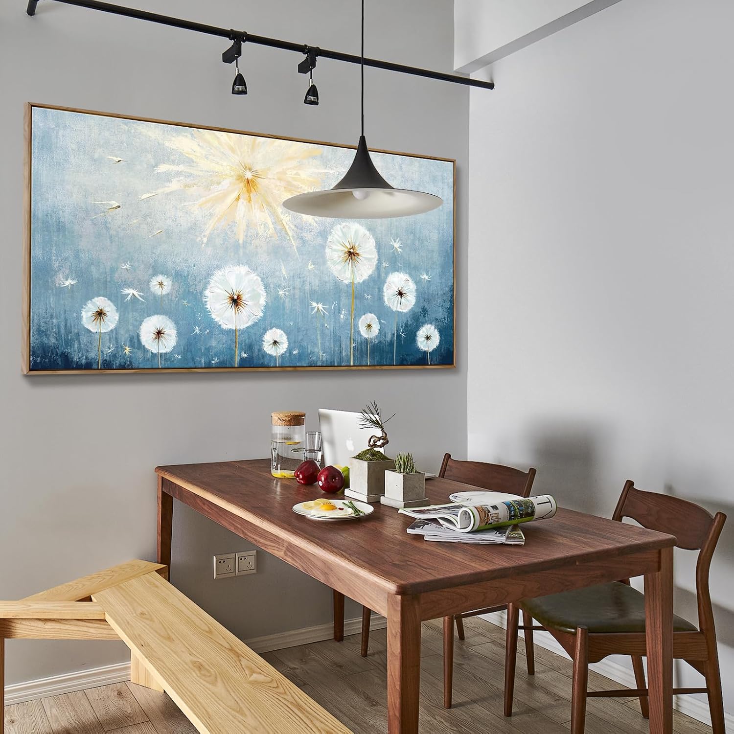Nicetop Extra Large Framed Artwork for Walls– Giant Blue Floral Wall Picture with Wood Frame Dandelion Flower Plant Canvas Print Landscape Wall Art for Big Living Room,Office or Bedroom, 58x29Inch